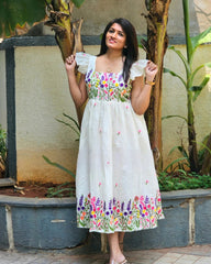 Floral Embroidered Puff Sleeve Empire Frock