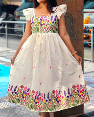 Floral Embroidered Puff Sleeve Empire Frock