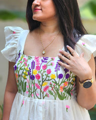 Floral Embroidered Puff Sleeve Empire Frock