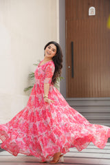 Flamingo Faux Georgette With print Maxi Gown