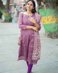 Glamorous Design Pure Linen Cotton Printed Kurta With Dupatta