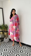 Flamingo Printed Cotton Flower Print Kurti With Pant
