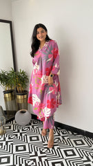 Flamingo Printed Cotton Flower Print Kurti With Pant