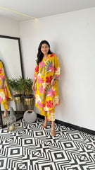 Flamingo Printed Cotton Flower Print Kurti With Pant