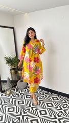 Flamingo Printed Cotton Flower Print Kurti With Pant