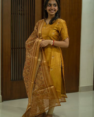 Exquisite Mustard Pure Banarasi Silk Kurti, Pant With Dupatta