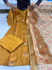 Exquisite Mustard Pure Banarasi Silk Kurti, Pant With Dupatta