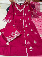 Magnificant Cotton Thread Embroidery Kurti Palazzo Dupatta