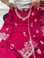 Magnificant Cotton Thread Embroidery Kurti Palazzo Dupatta