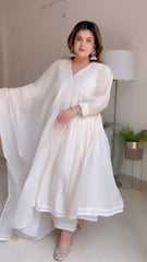 Elegant White Pure Chanderi Silk Anarkali Gown PAired With Dupatta