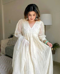 Elegant White Pure Chanderi Silk Anarkali Gown PAired With Dupatta