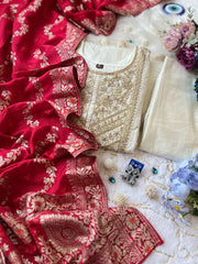 Dashing White Pure Banana Silk Anarkali Suit Set.