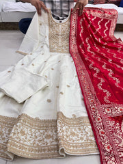 Dashing White Pure Banana Silk Anarkali Suit Set.