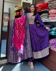 Innovative Purple Pure Banana Silk Anarkali Suit Set.
