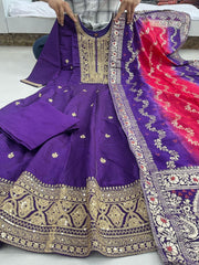 Innovative Purple Pure Banana Silk Anarkali Suit Set.