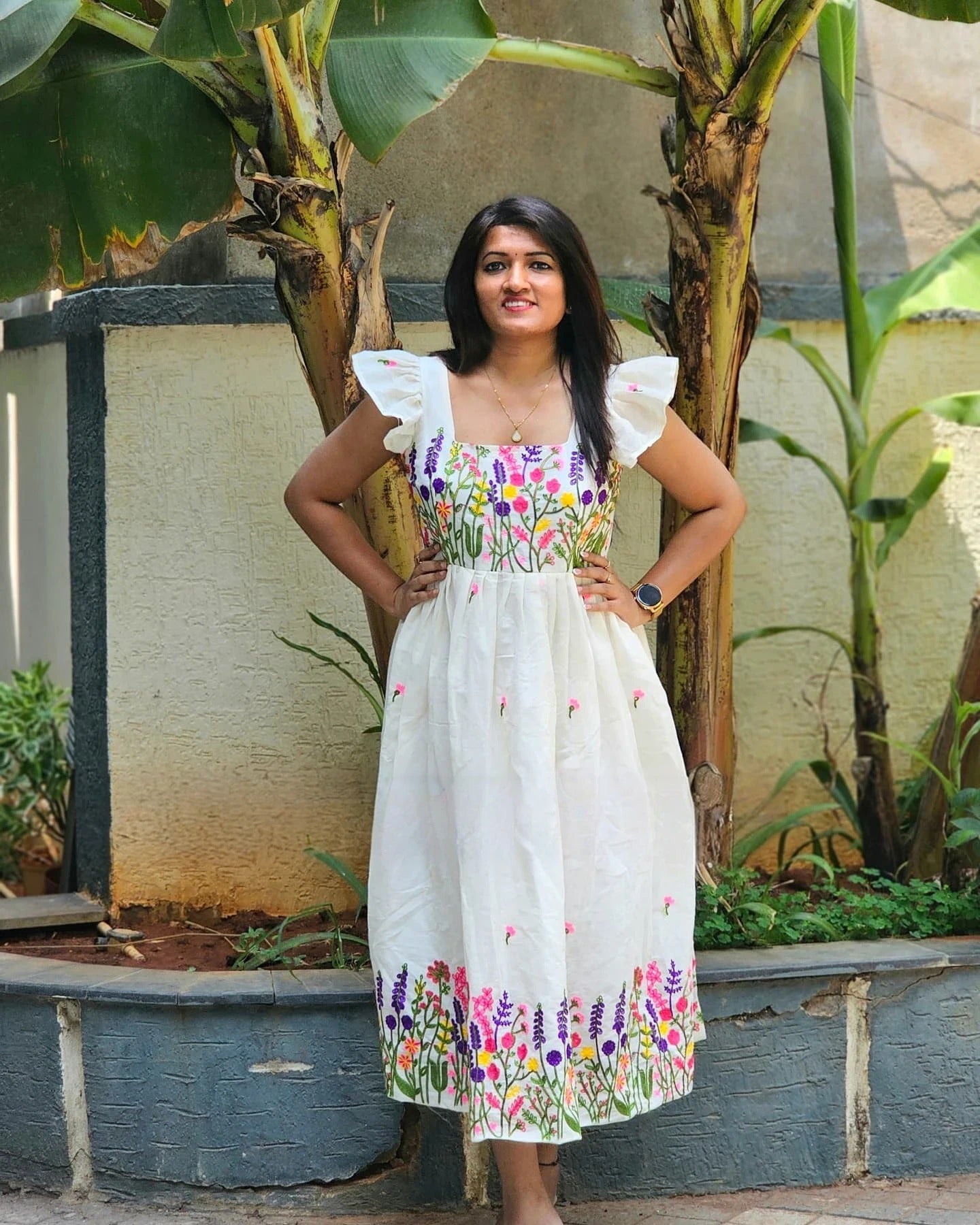 Floral Embroidered Puff Sleeve Empire Frock