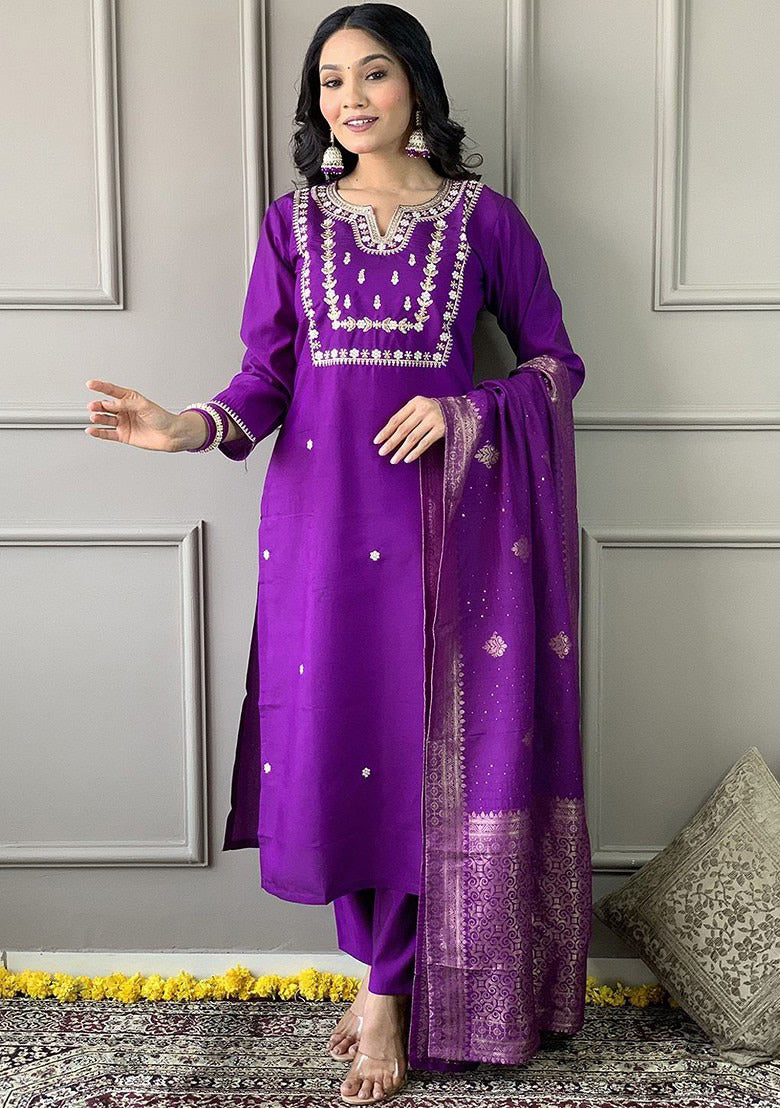 Trendy Purple Ethnic Kurta-Set