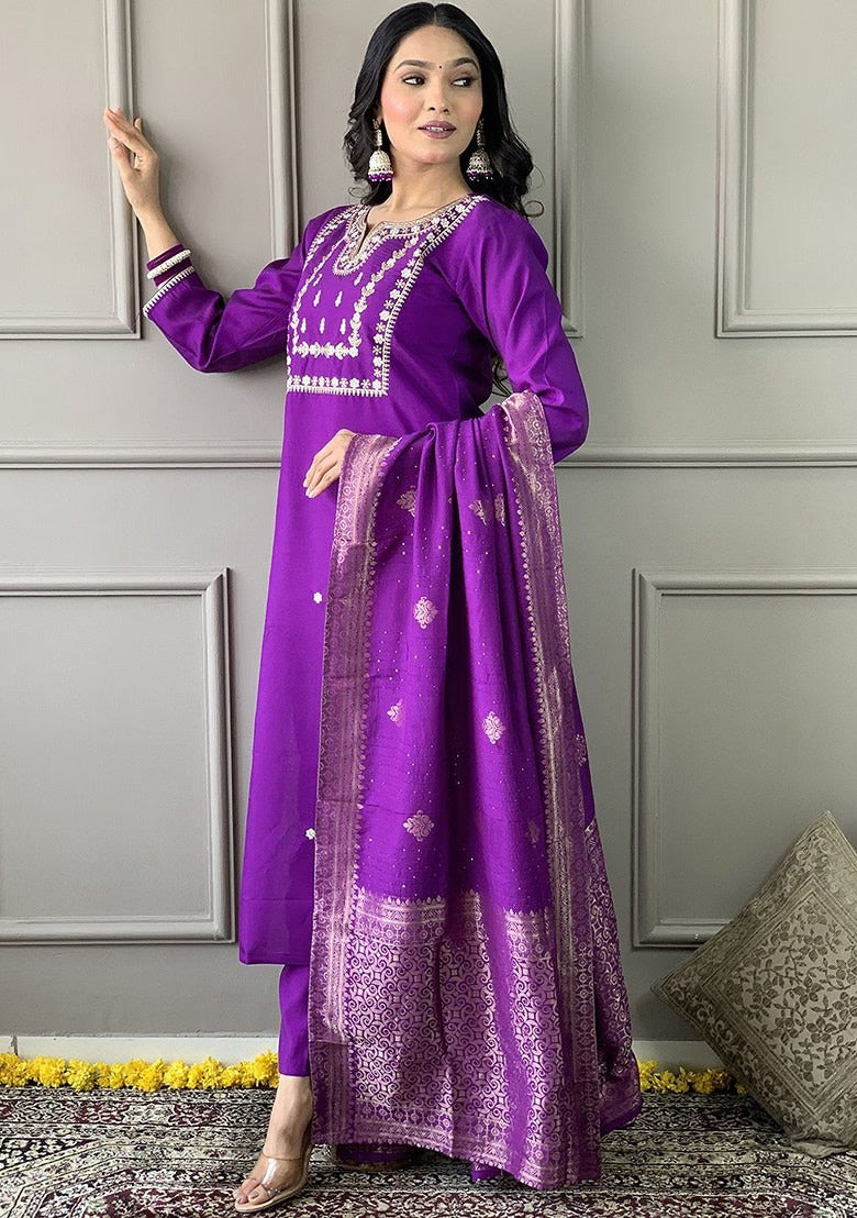 Trendy Purple Ethnic Kurta-Set