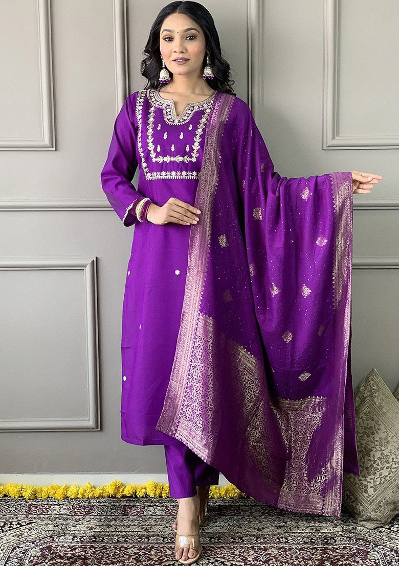 Trendy Purple Ethnic Kurta-Set