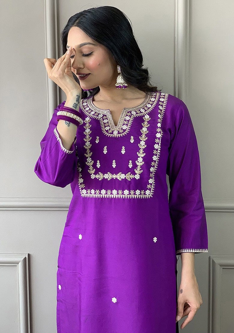 Trendy Purple Ethnic Kurta-Set