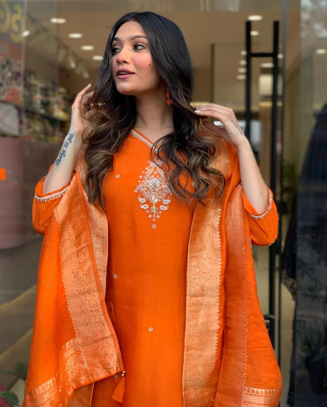 Stunning Orange Ethnic Kurta-Set