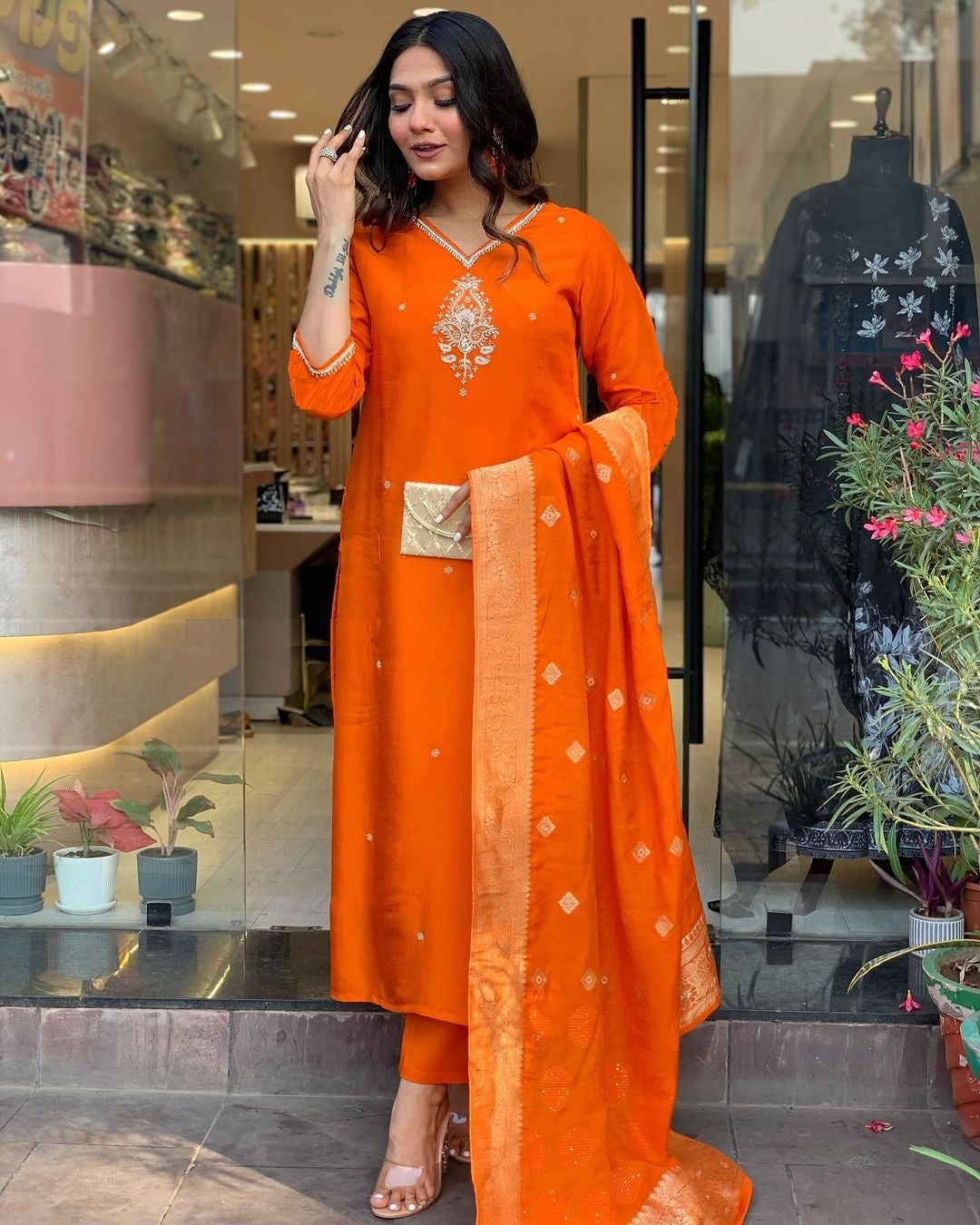 Stunning Orange Ethnic Kurta-Set