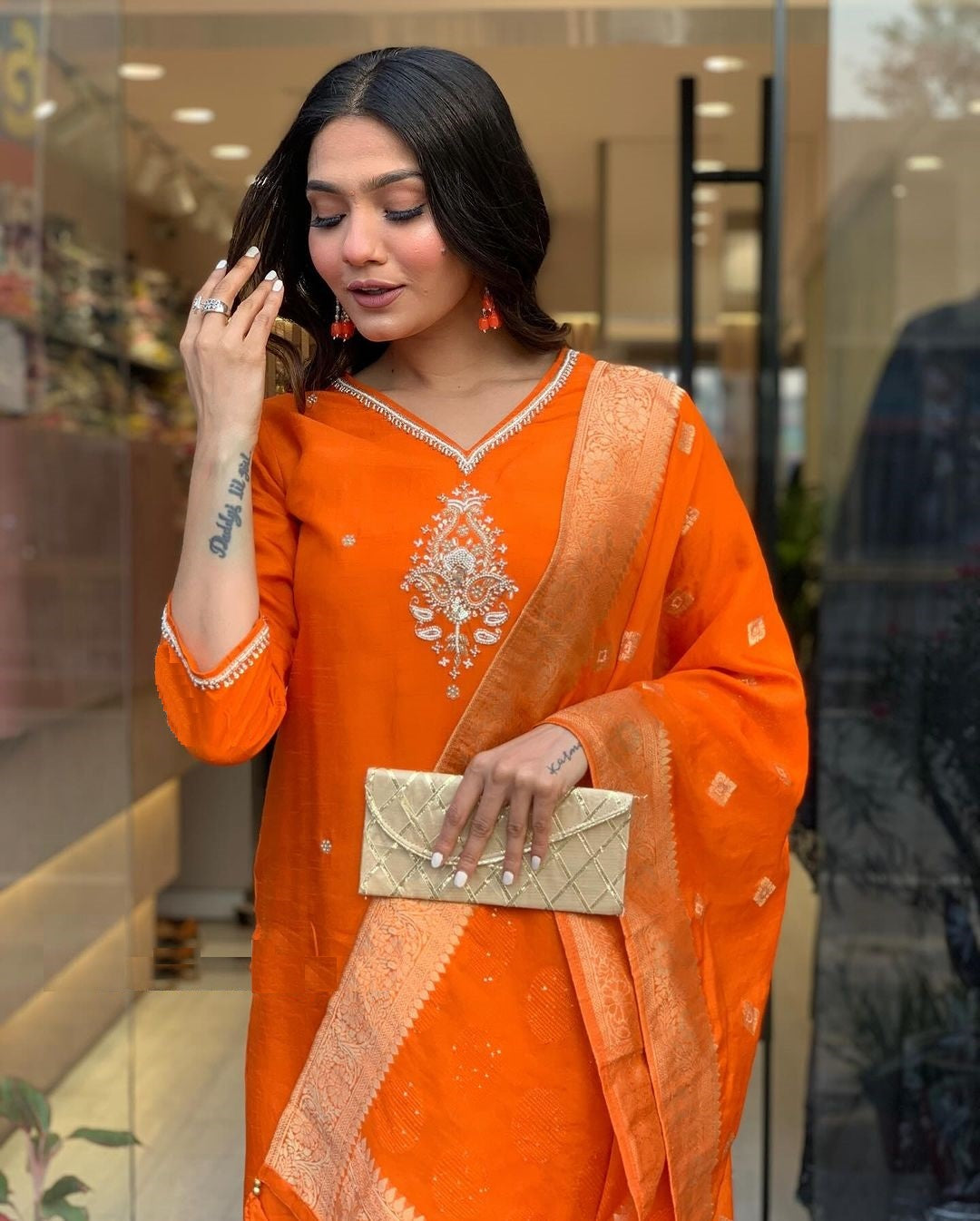 Stunning Orange Ethnic Kurta-Set