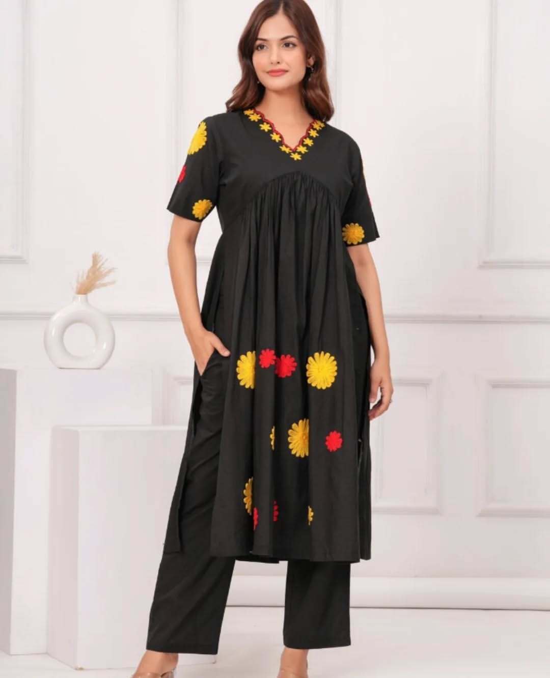 Innovative Black and White Embroidery Work Ethnic Kurta-Set