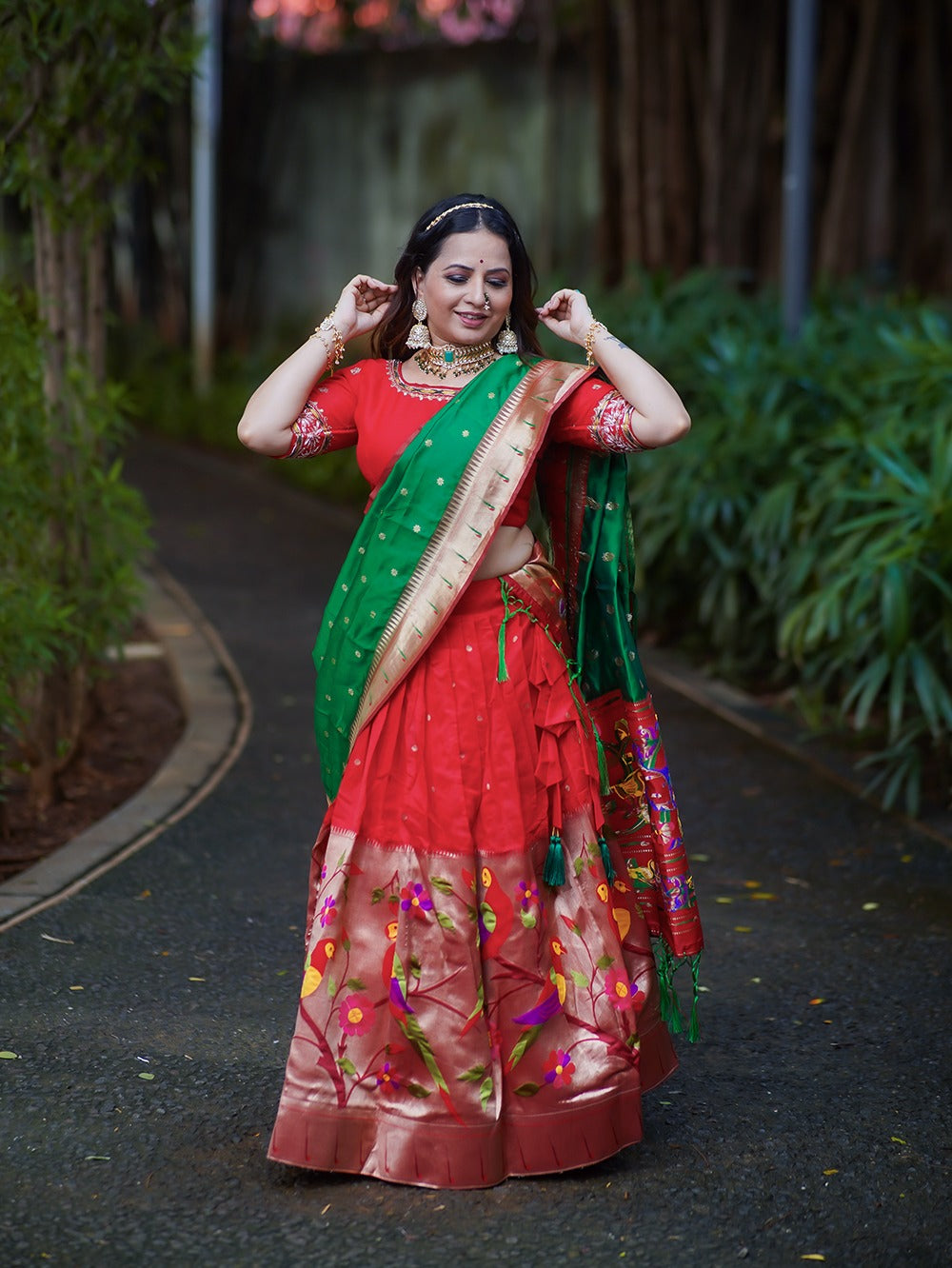 Pastel Red Jacquard Silk Weaving Zari Work Lehenga Choli Dupatta With Purse