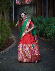 Pastel Red Jacquard Silk Weaving Zari Work Lehenga Choli Dupatta With Purse