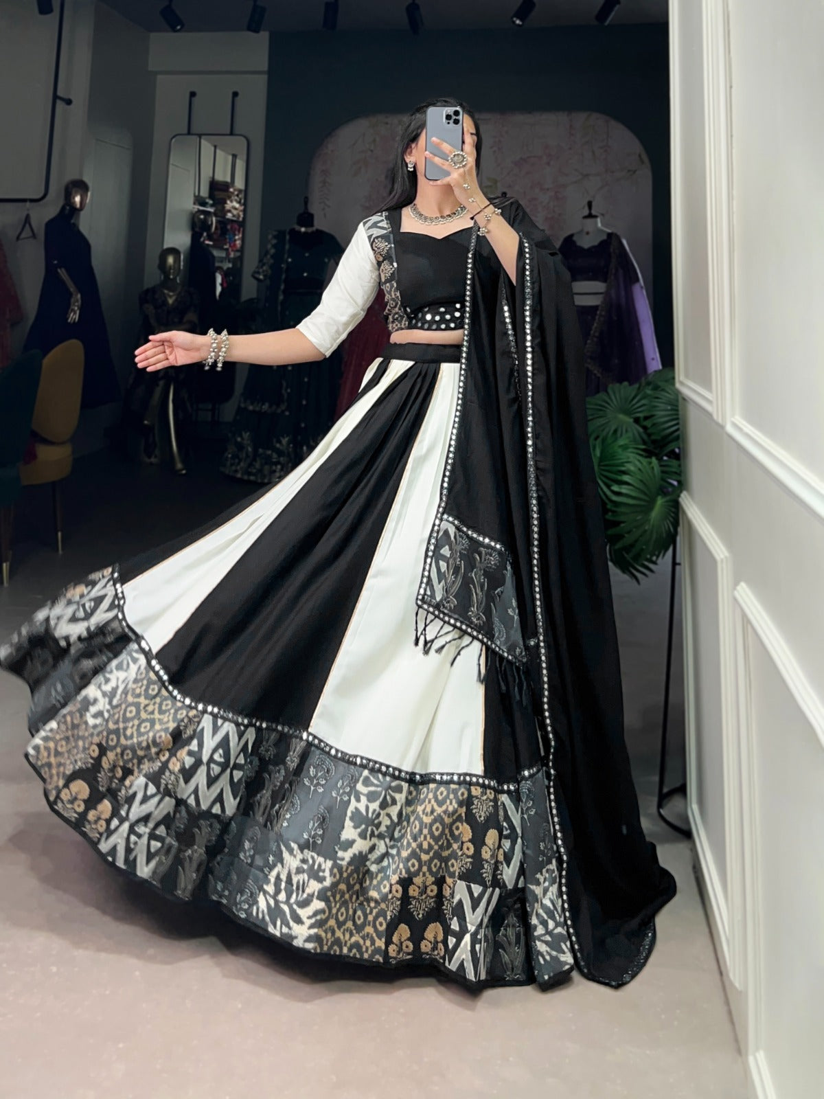 Graceful Pure Rayon Plain And Printed With Mirror Work Lace Lahengha Choli