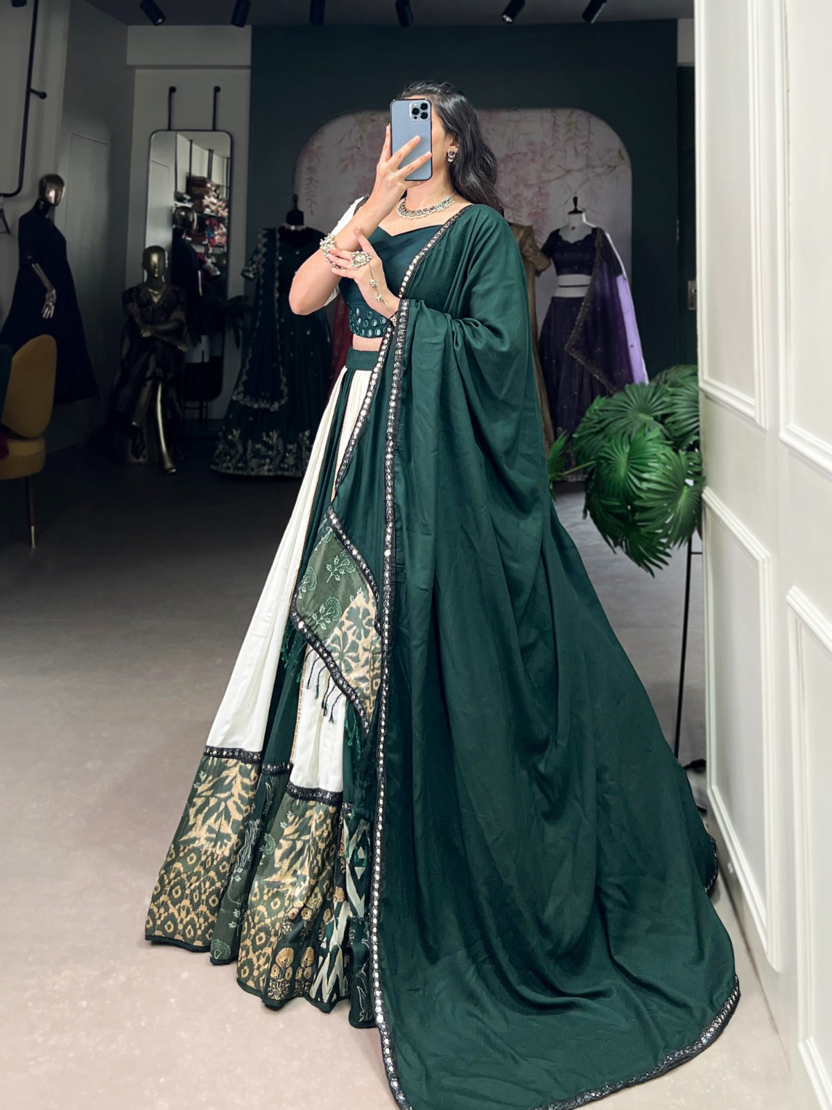 Graceful Pure Rayon Plain And Printed With Mirror Work Lace Lahengha Choli