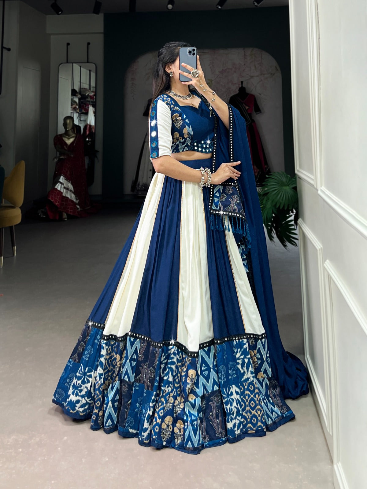 Graceful Pure Rayon Plain And Printed With Mirror Work Lace Lahengha Choli
