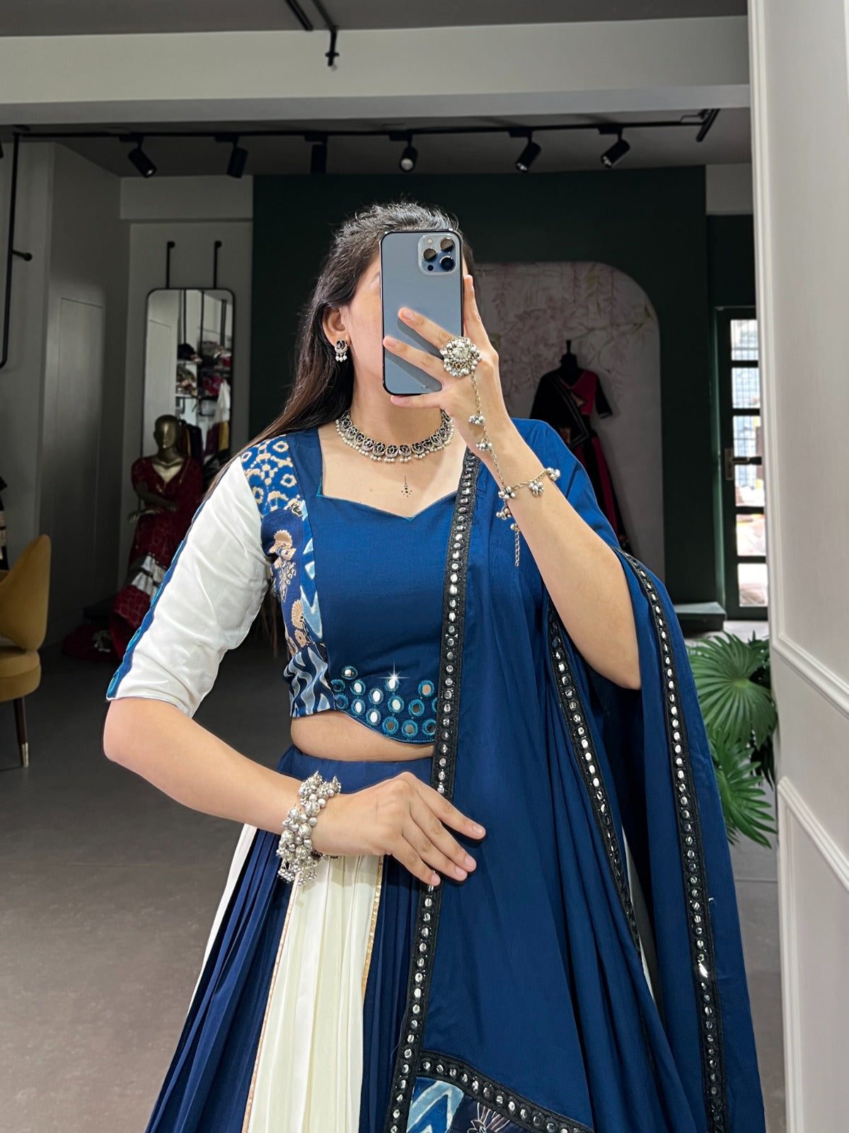 Graceful Pure Rayon Plain And Printed With Mirror Work Lace Lahengha Choli
