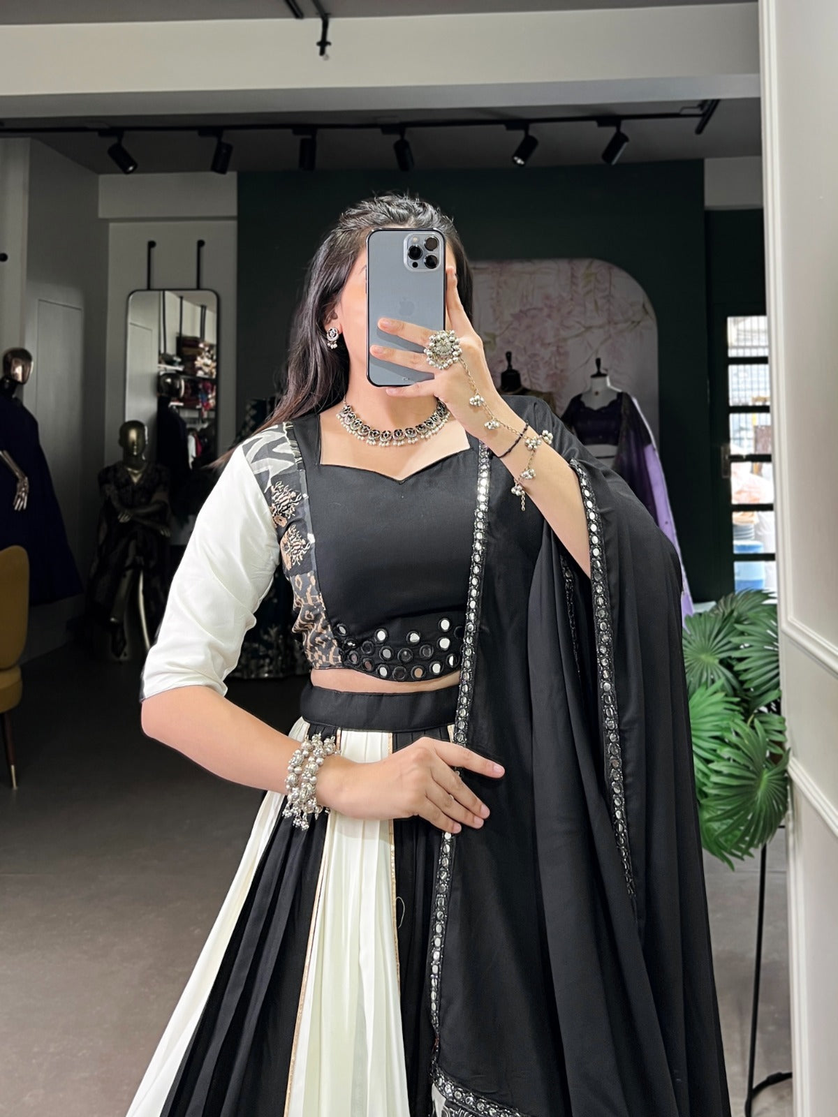 Graceful Pure Rayon Plain And Printed With Mirror Work Lace Lahengha Choli