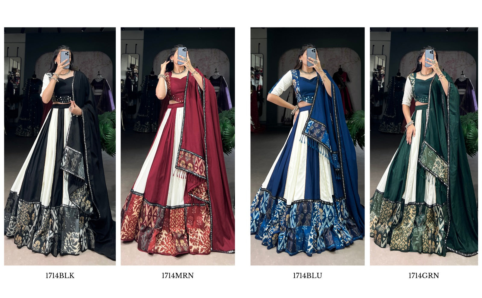 Graceful Pure Rayon Plain And Printed With Mirror Work Lace Lahengha Choli
