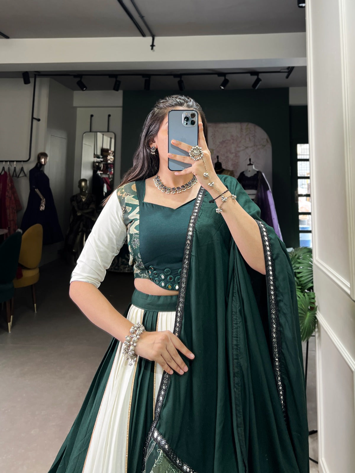 Graceful Pure Rayon Plain And Printed With Mirror Work Lace Lahengha Choli