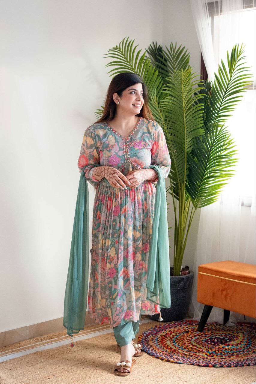 Flamingo Green Alia Cut Ethnic Kurta-Set