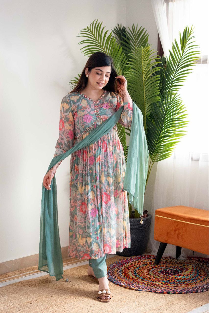 Flamingo Green Alia Cut Ethnic Kurta-Set