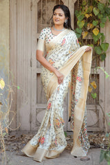 Vibrant Cream Dola Silk Saree