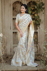 Vibrant Cream Dola Silk Saree