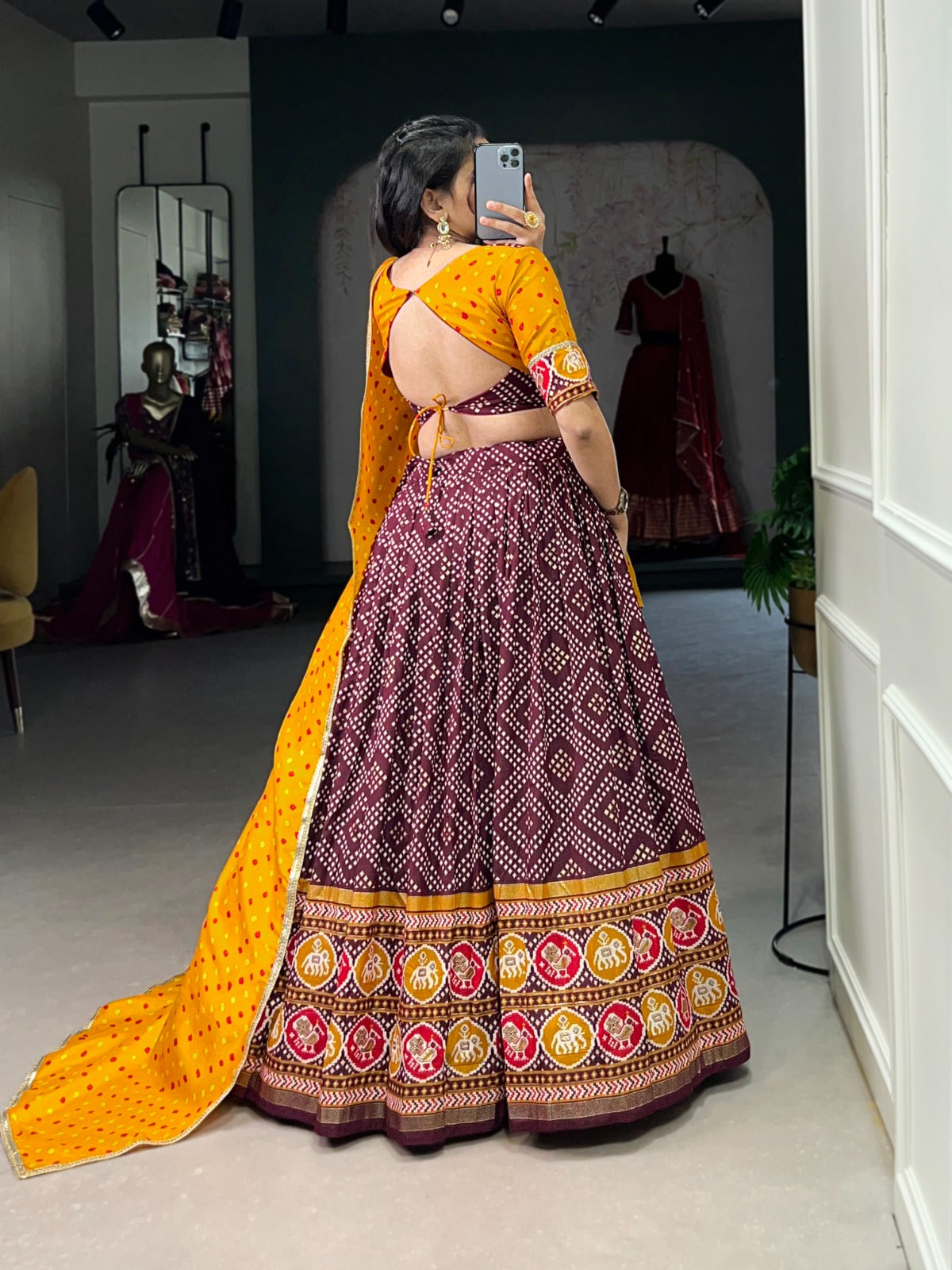 Exclusive Tussar Silk Bandhej With Patola Printed Lehenga Choli