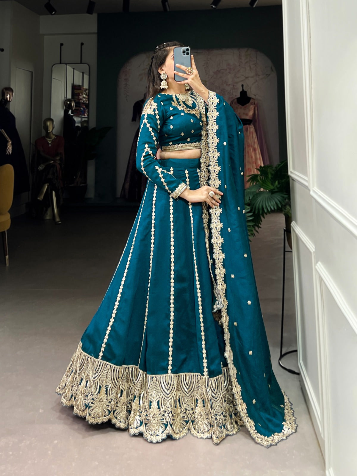 Glamorous Vichitra Silk Sequins and Thread Embroidery Work Lehengha Choli With Blouse