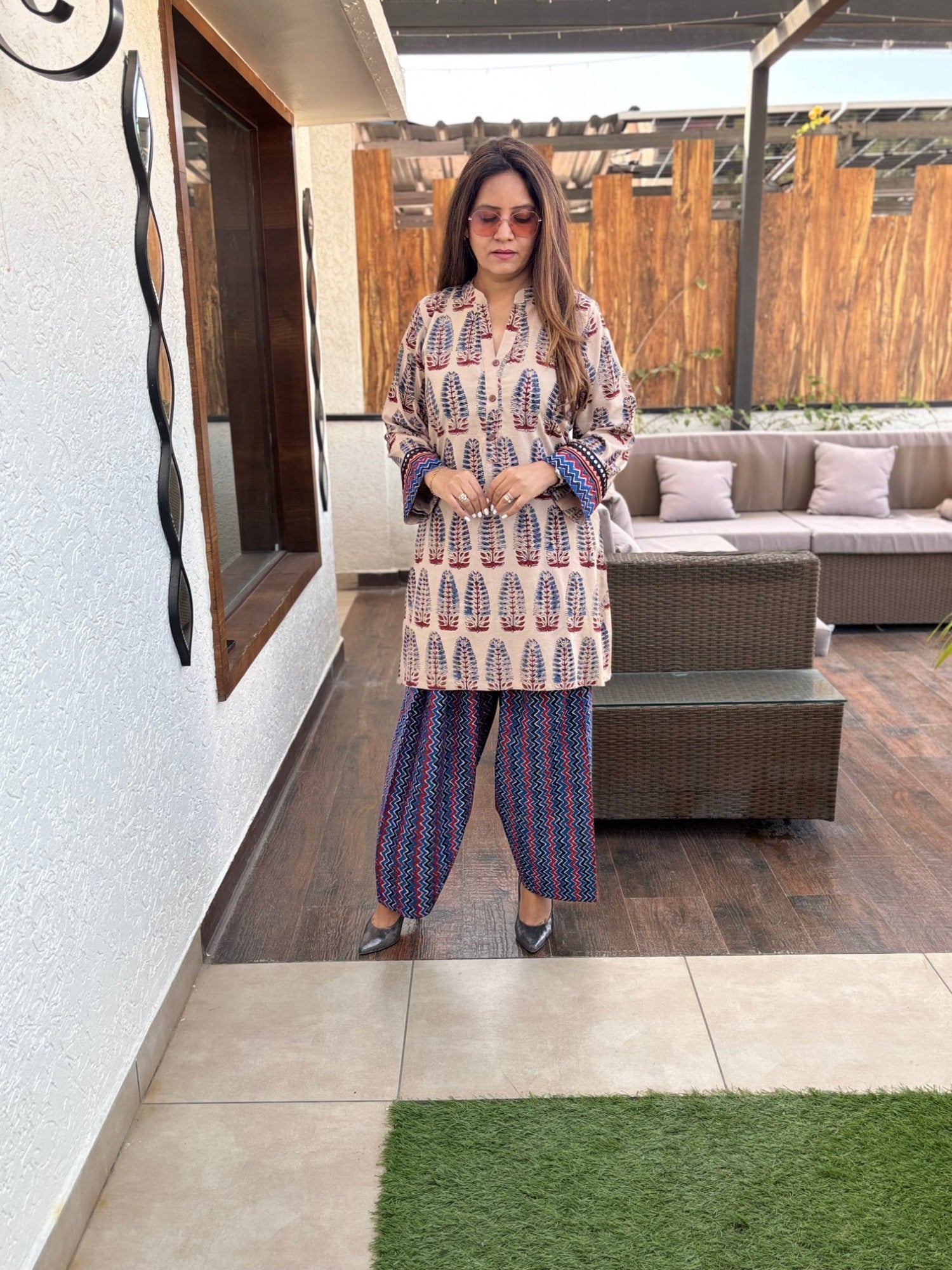 Noor Ajrakh Print Cotton Farshi Suit