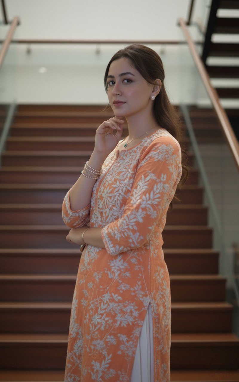 Saarah Chikankari Work Printed Straight Kurta - Orange