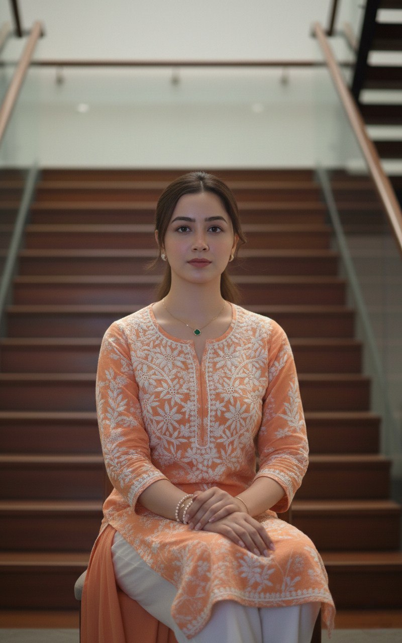 Saarah Chikankari Work Printed Straight Kurta - Orange