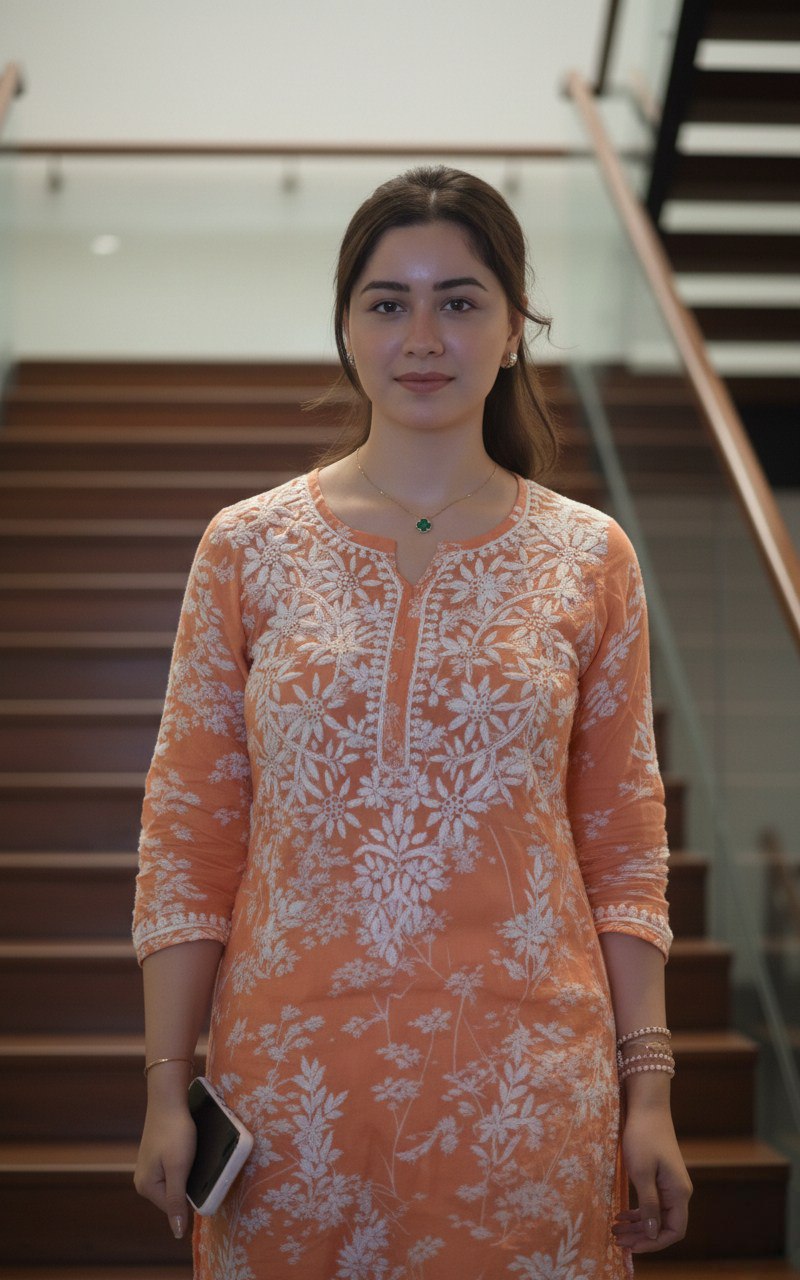 Saarah Chikankari Work Printed Straight Kurta - Orange