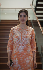 Saarah Chikankari Work Printed Straight Kurta - Orange