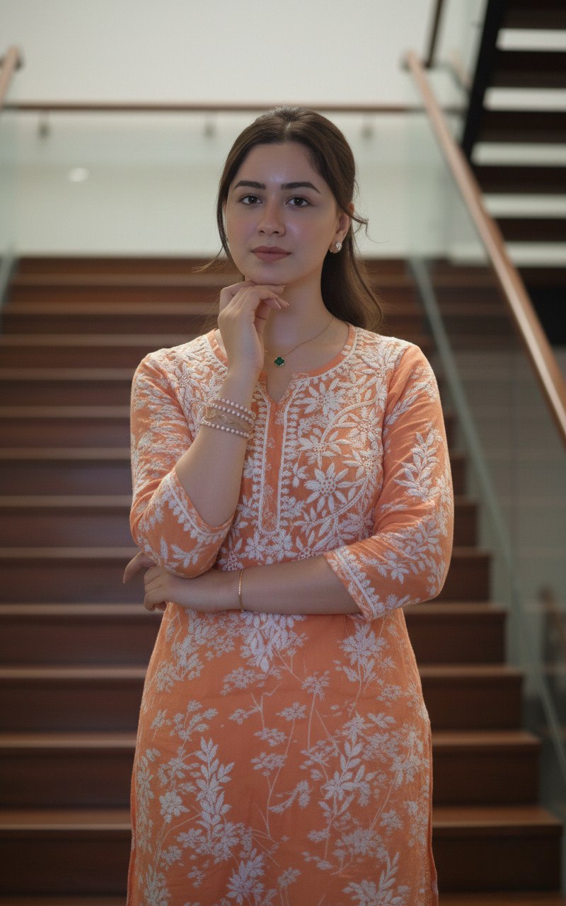 Saarah Chikankari Work Printed Straight Kurta - Orange