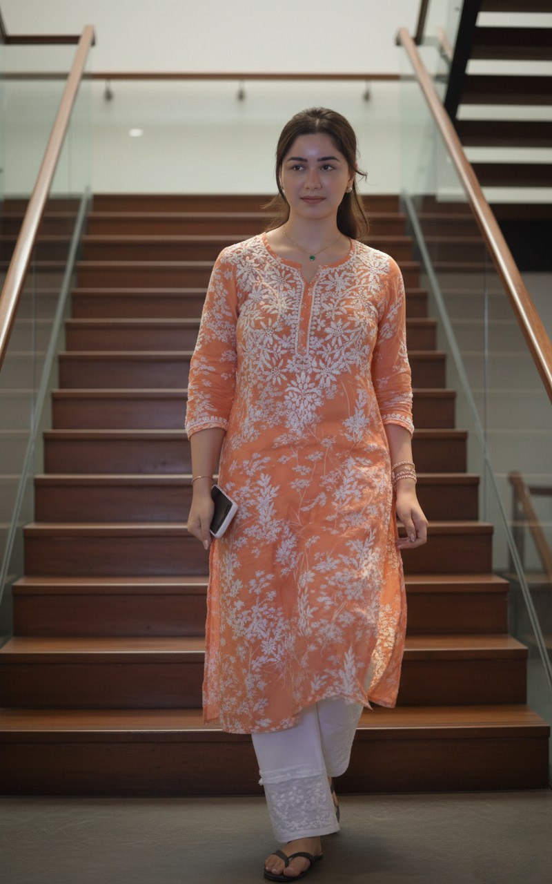 Saarah Chikankari Work Printed Straight Kurta - Orange